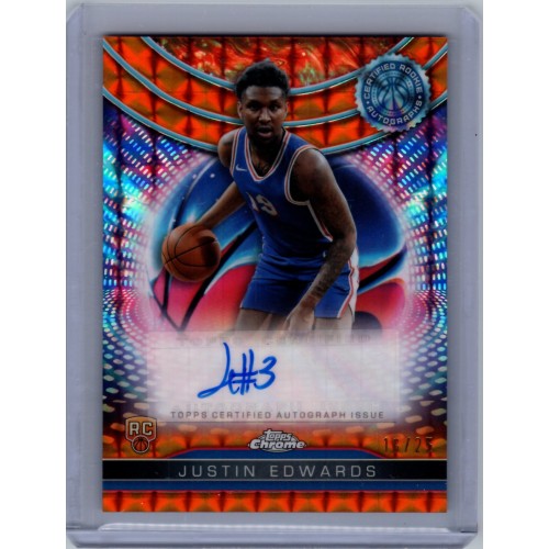 2024-25 Topps Chrome Breakers Delight Justin Edwards #TCRA-JE Topps Certified Autograph Issue Rookies Orange Geometric Refractors - (1:28 breaker) /25 Philadelphia 76ers 2024-25 Topps Chrome Breakers Delight Justin Edwards #TCRA-JE Topps Certified Autograph Issue Rookies Orange Geometric Refractors - (1:28 breaker) /25 Philadelphia 76ers